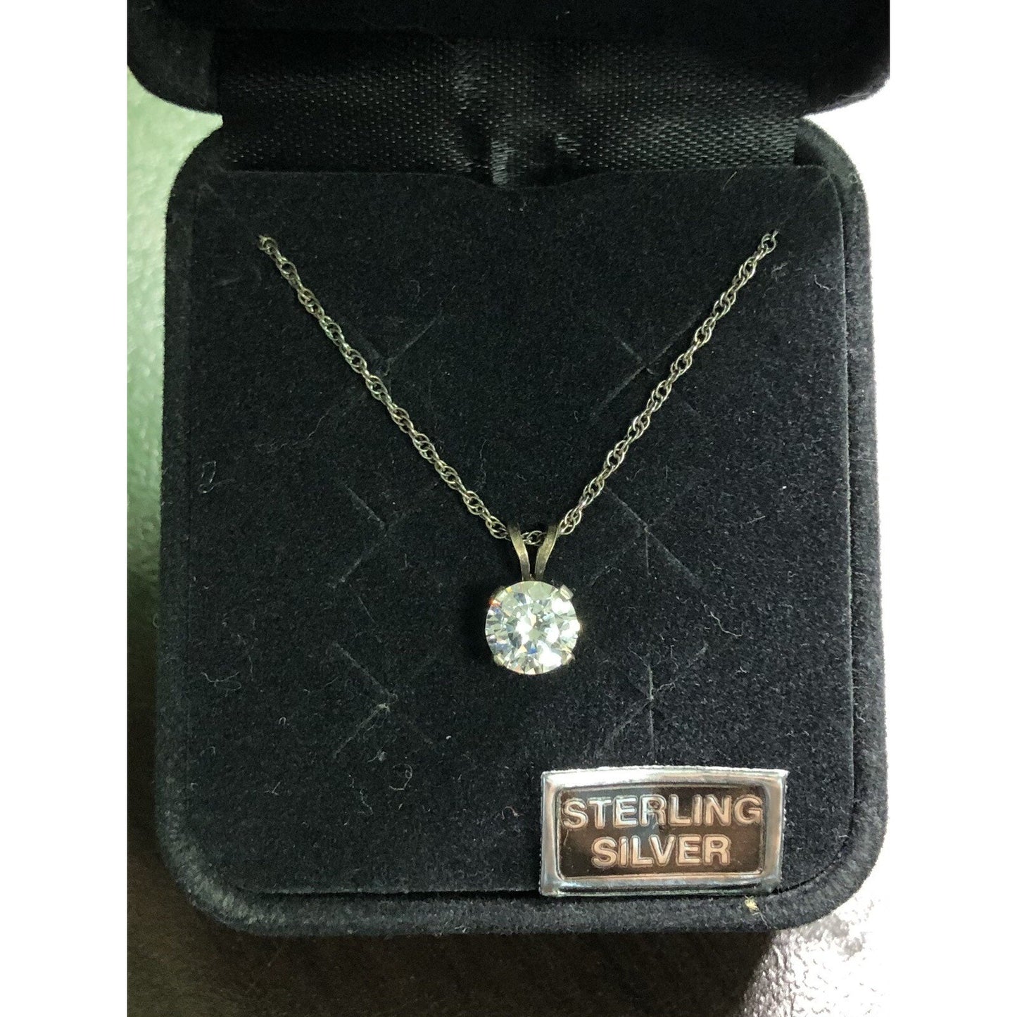 Vintage 18 Inch Sterling Chain Necklace Simulated Diamond Solitaire Pendant