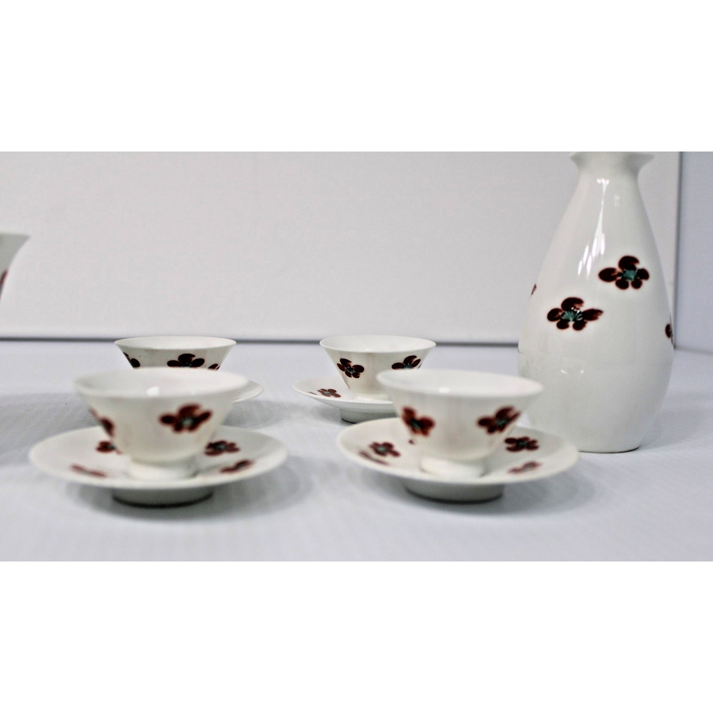 VTG 10-piece Fine Porcelain Sake Set, Plum Blossom Tokkur, Cups, Bowl, Saucers