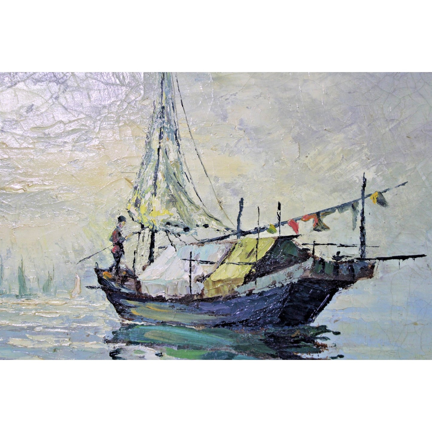 Impressionist Oil on Canvas by Chung Kwo- Nautical , Impasto, Craquelure, Framed