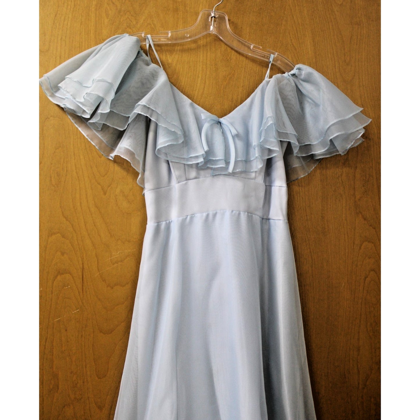 Vtg 70s Ice Blue Organza Formal Dress Off Shoulder Ruffle Tiered Prom Gown S XS