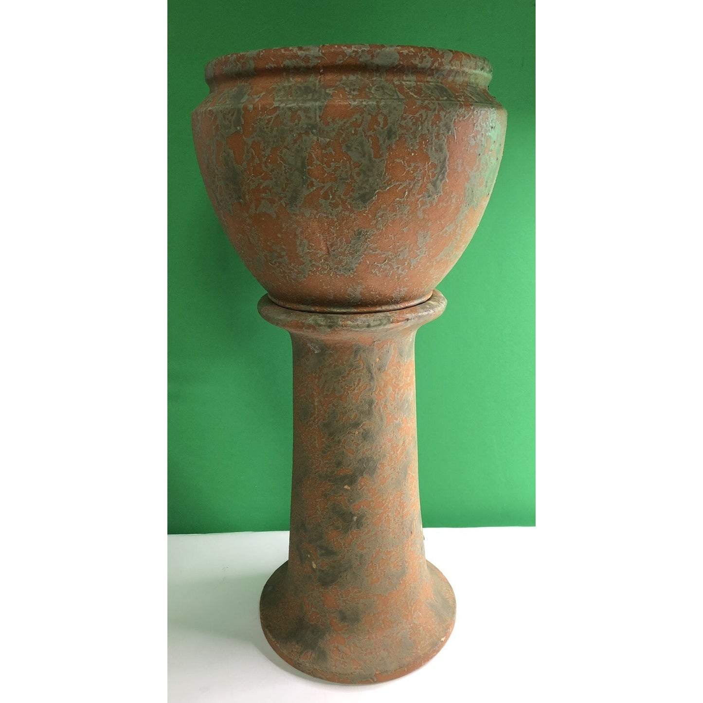 Vintage Burley Winter Large Jardiniere With Pedestal Mottled Orange & Green