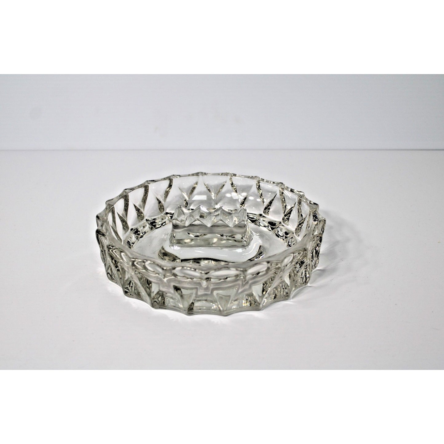 MCM Heavy Round Clear Glass Ashtray w/ Center Cigar/ Pipe/ Cigarette Holder