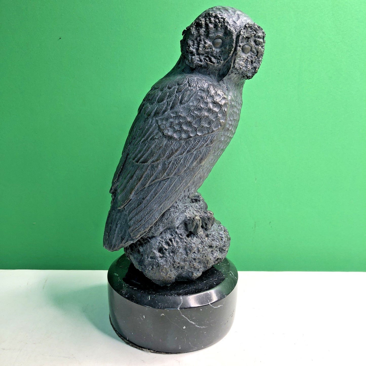 Realistic MCM Owl Bronze Sculpture Black Marble Base 11.25” Tall- 13 Pounds Bird