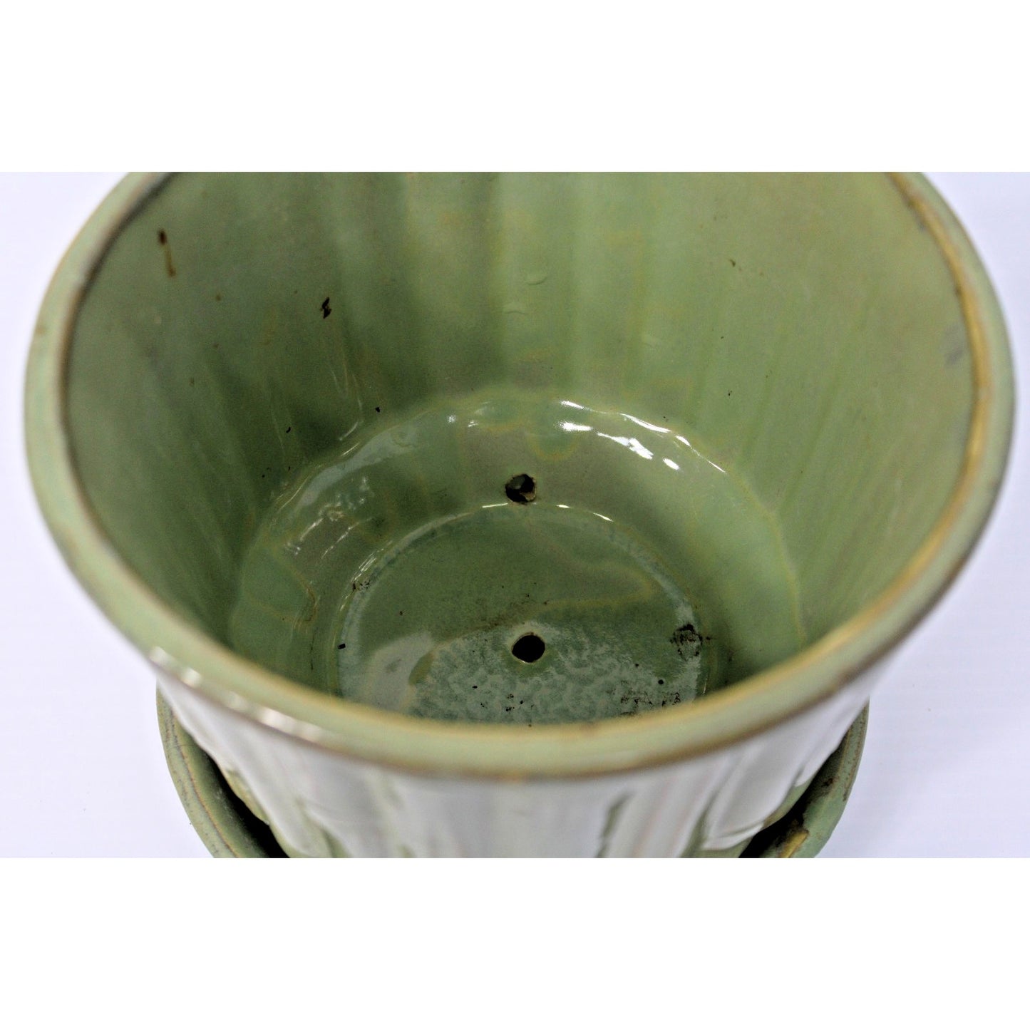 Vintage McCoy Pottery Green Faux Bamboo/ Tiki 6.5" Planter w/ Saucer #0374 USA