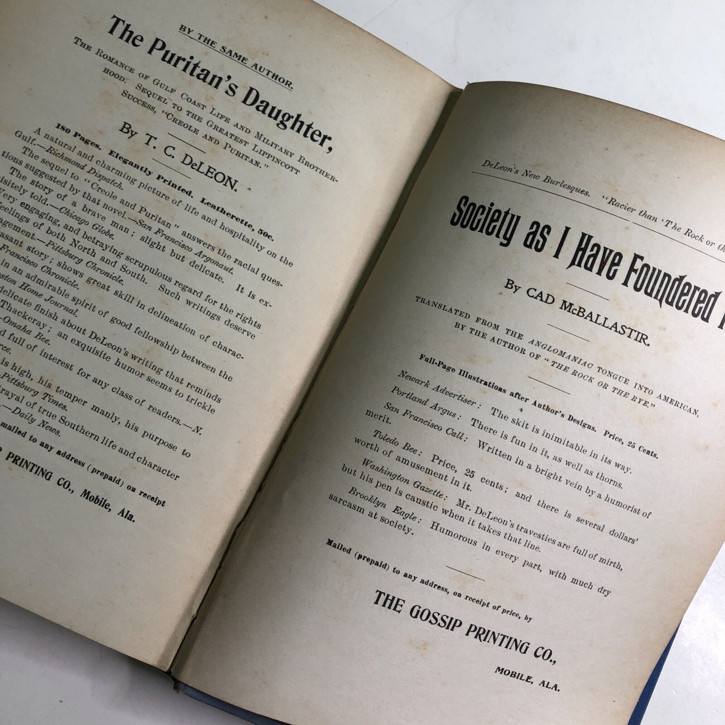 Crag Nest 1897 Romance Novel by TC DeLeon Mobile ALA Gossip Printing 1897 SIGNED