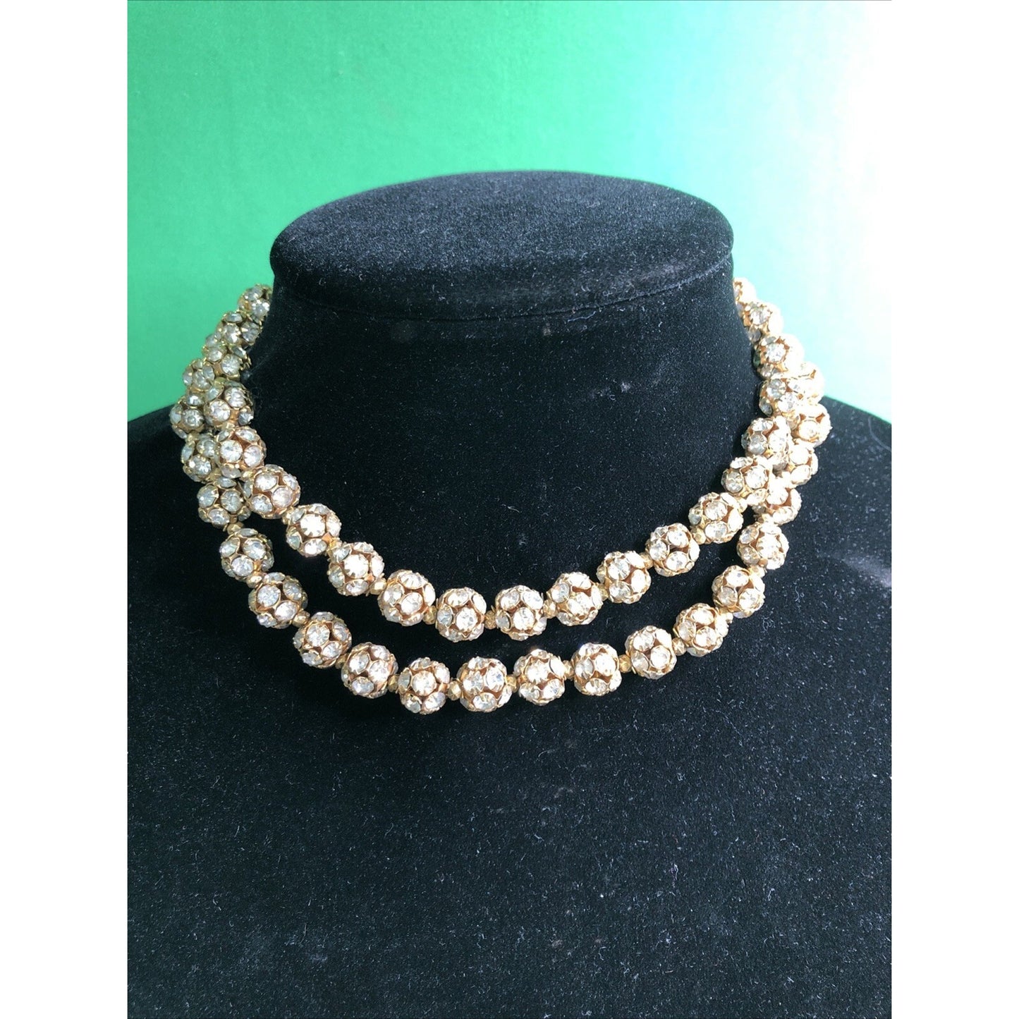 VTG Double Strand Elegant Choker Necklace Goldtone Rhinestones 16” Adjustable