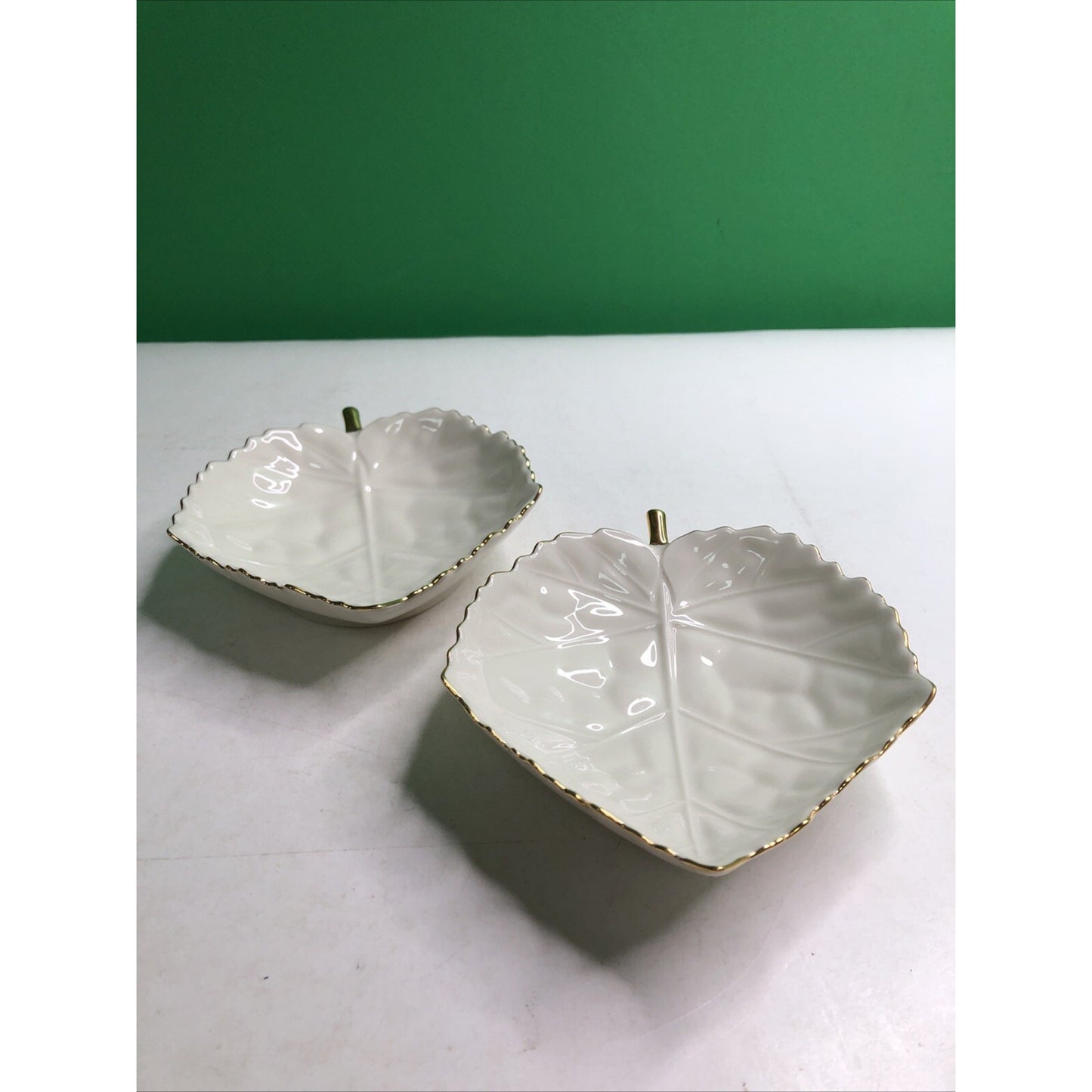 Set of 2 Lenox Leaf Trinket Candy Dish Aspen Maple Woodleaf 24k Gold Trim