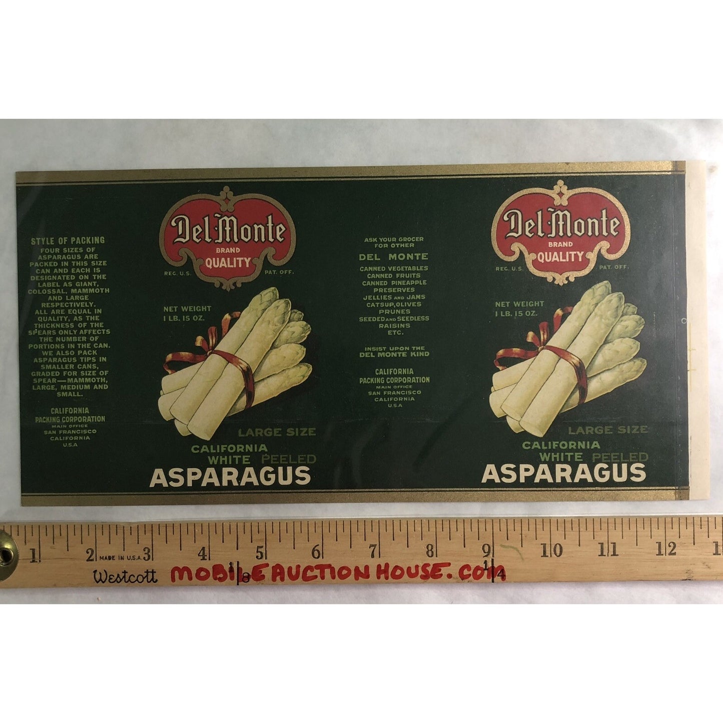 Vintage Ca 1930 DEL MONTE White Peeled Asparagus CAN LABEL Unused CA Packing