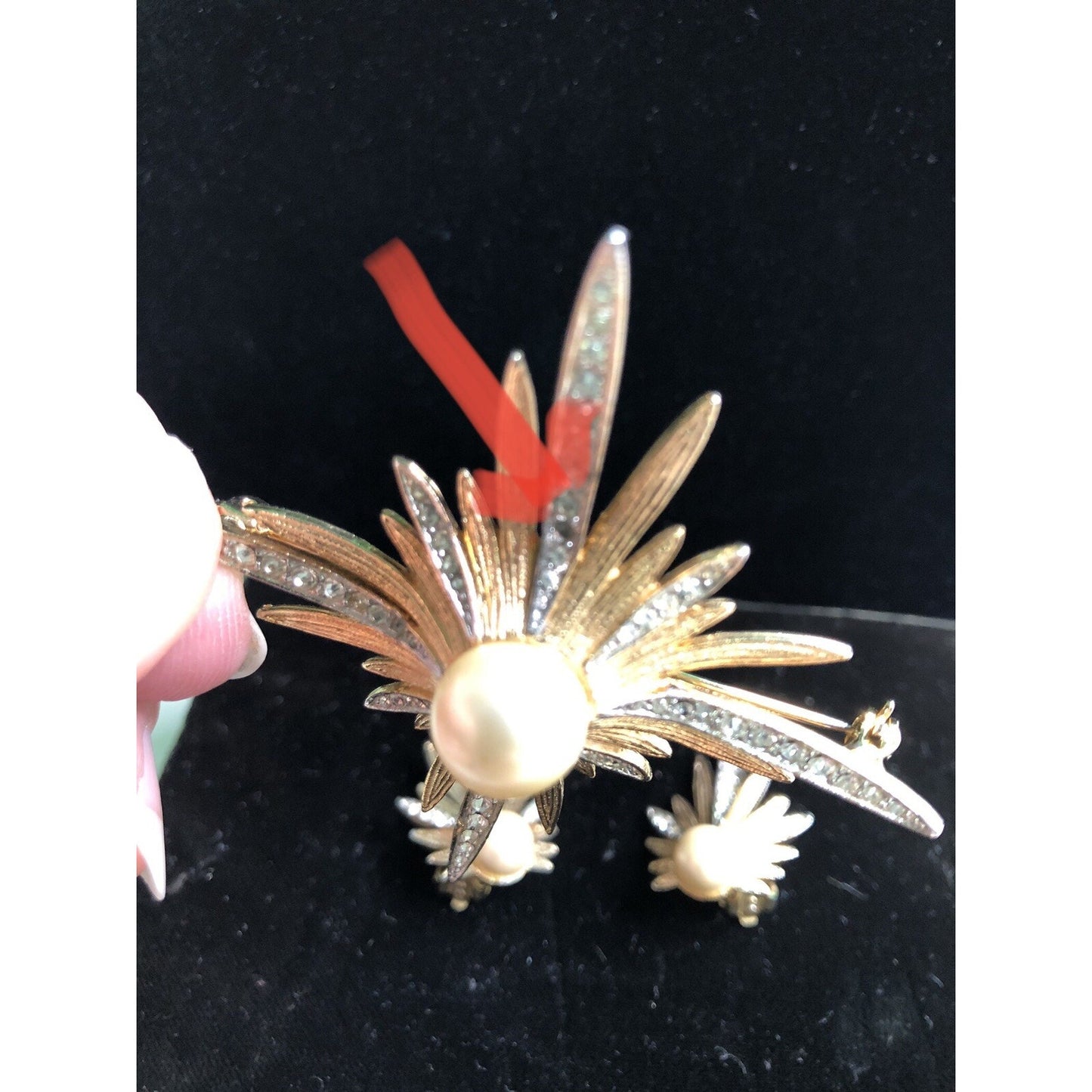MCM Starburst Brooch Pin & Clip On Earrings Set Faux Pearl Rhinestone Stardust