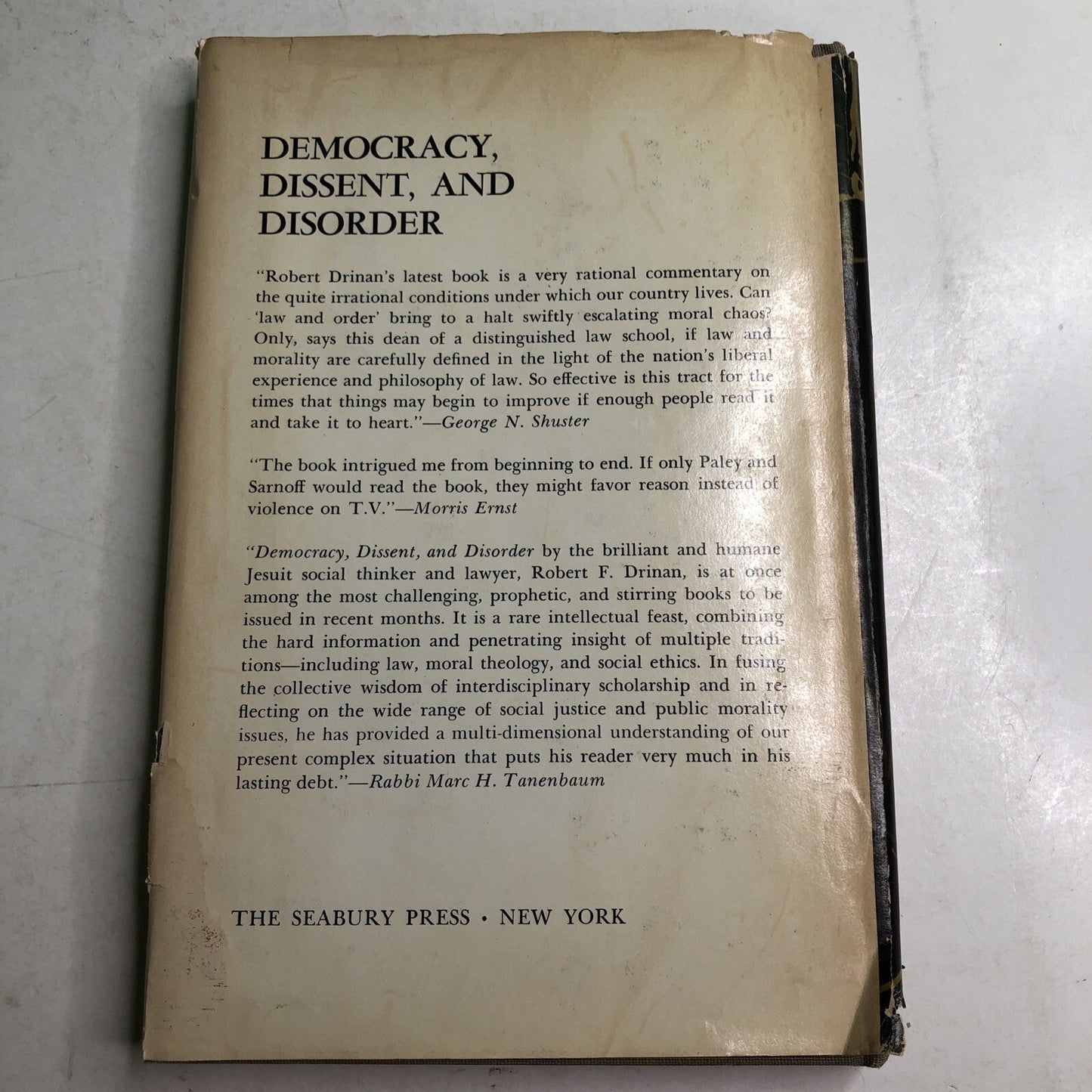 Democracy, Dissent And Disorder The Issues & The Law by Robert Drinan HC DJ 1969