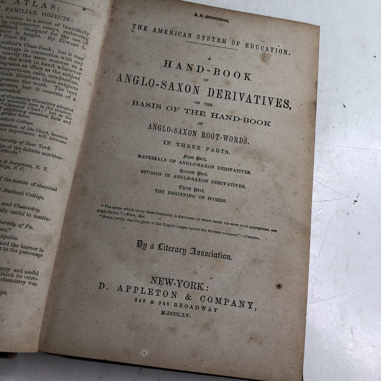 1854 HC The American System of Education A Hand-Book of Anglo-Saxon Derivatives