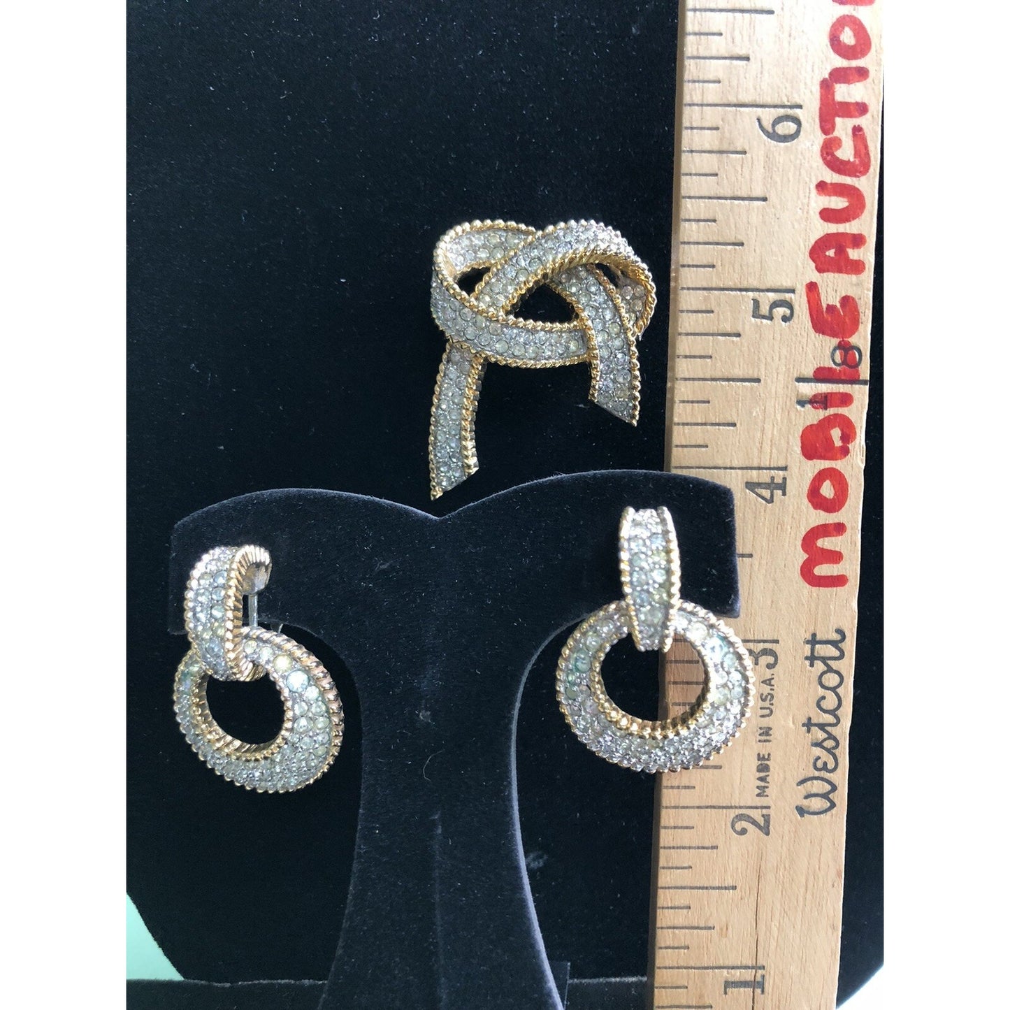 JOMAZ Bow Rhinestone Brooch & Door Knocker Earrings Screw Back Signed Vintage