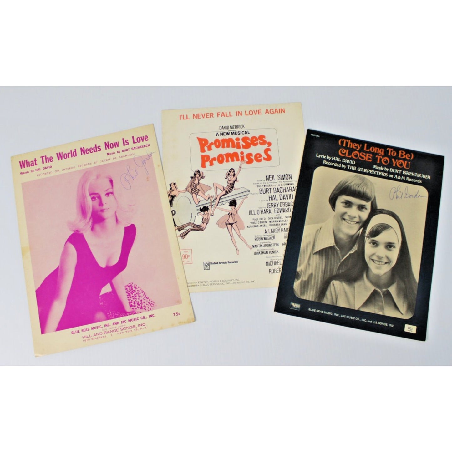 Vintage Sheet Music- 3 Songs by Burt Bacharach & Hal David, Signed Phil Gordon