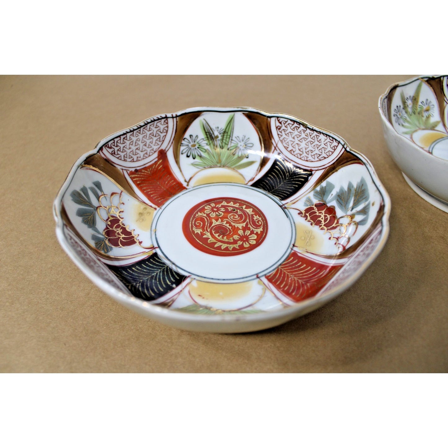 Pair of Antique 19th Century Imari Low Bowls w/ Scalloped Edges, 6" D.