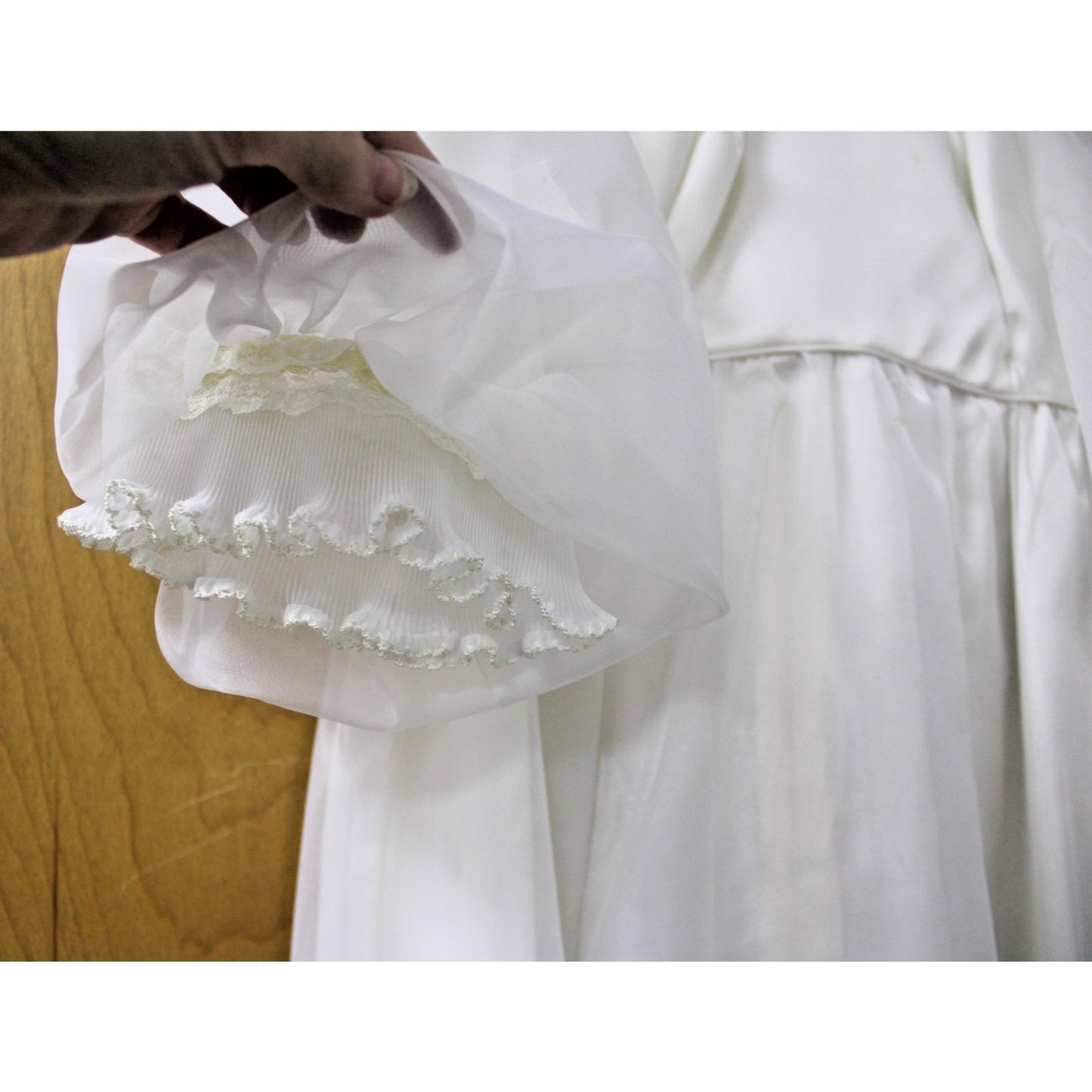 Vtg 70s Emma Domb White Organza Wedding Dress Sheer Balloon Sleeve Back Bow Sz 7