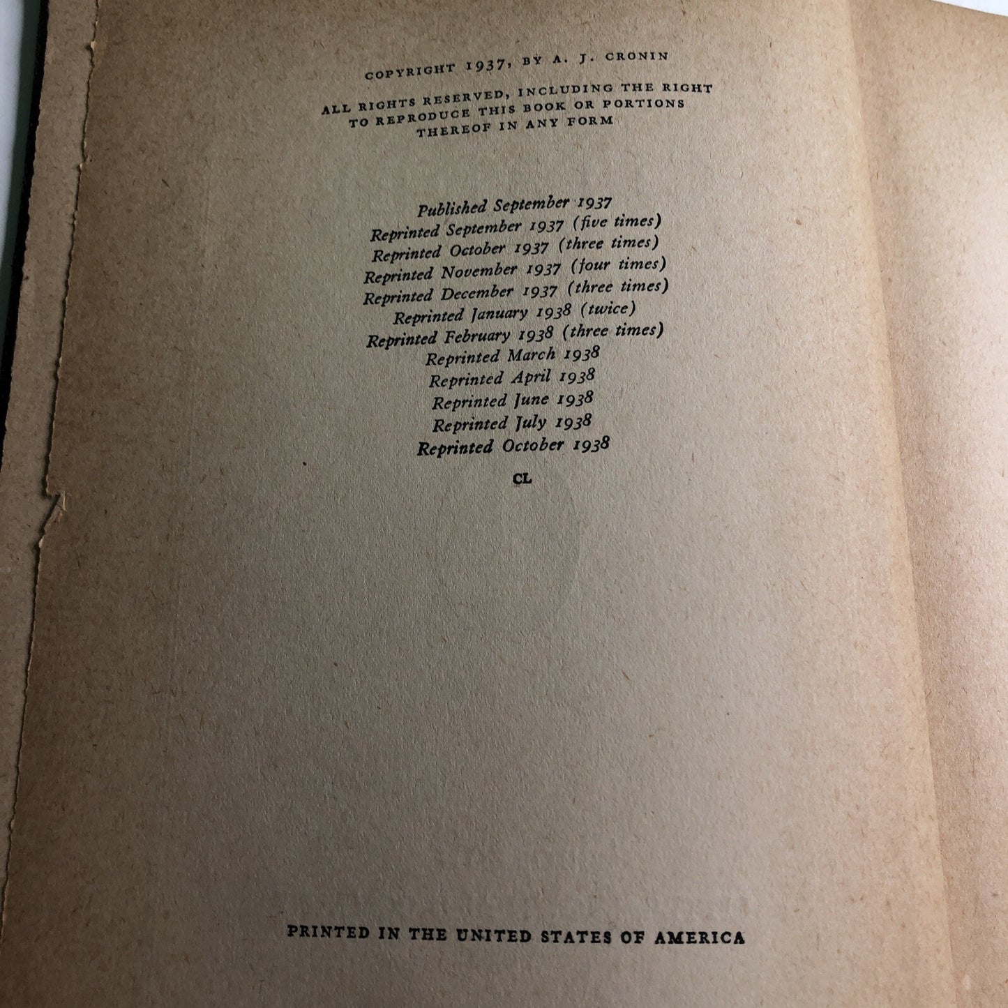 The Citadel 1937 by A.J. Cronin New York USA Vintage Hardcover Book Used