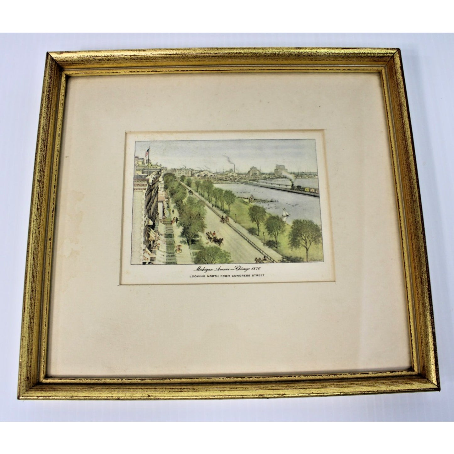 Michigan Ave- Chicago, 1870 Framed Hand-tinted Etching- Richards- Pre-Great Fire