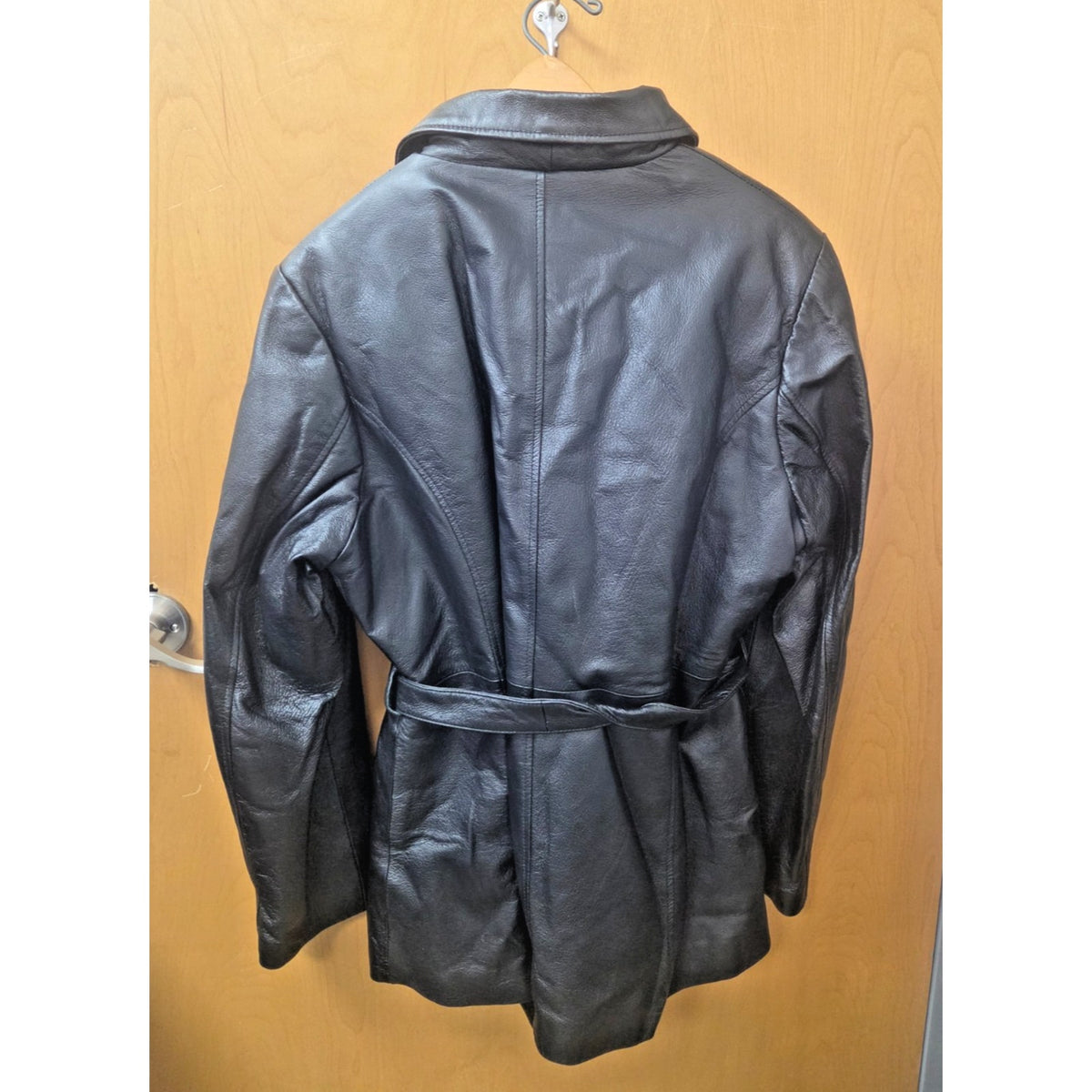 Vintage Oscar Piel Genuine Leather Belted Trench Coat Faux Fur Lined Black 2XL