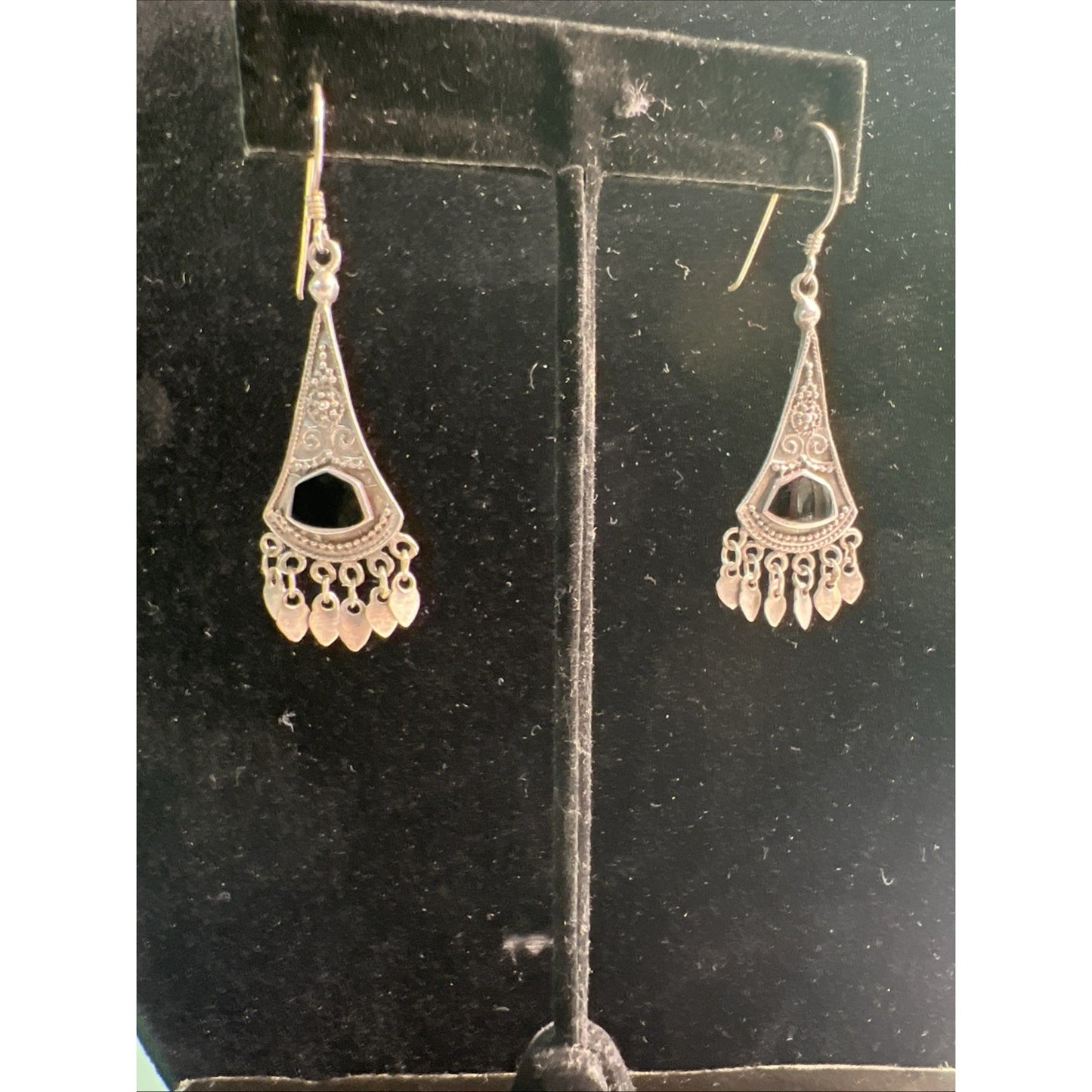 AUTHENTIC Marked 925 STERLING SILVER & ONYX UNIQUE EARRINGS French Wire