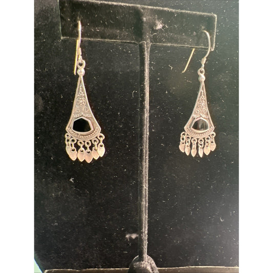 AUTHENTIC Marked 925 STERLING SILVER & ONYX UNIQUE EARRINGS French Wire