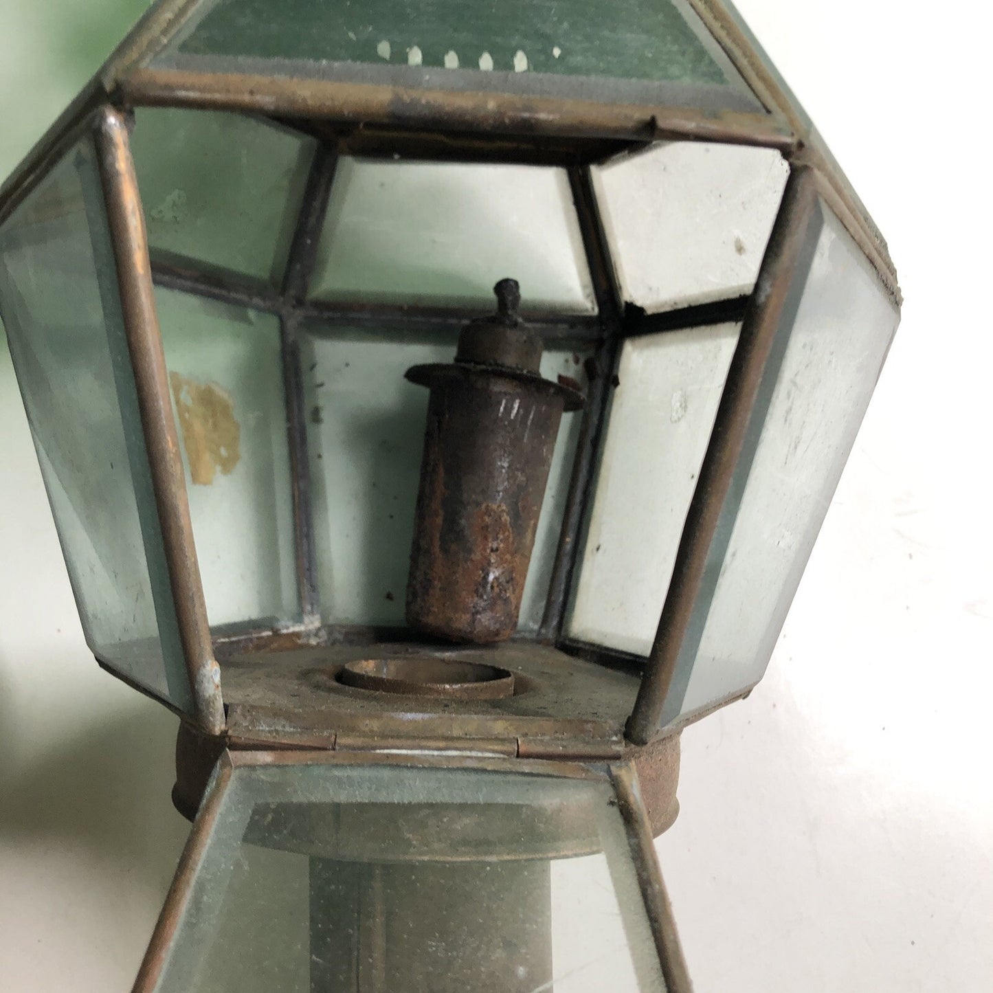 Pair Of Antique Copper Oil Carriage Lamps Buggy Lantern Lights Beveled Glass