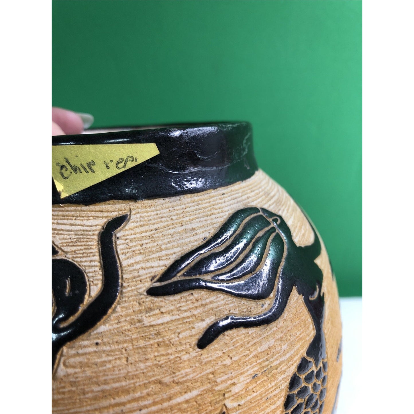Beautiful MERMAID Vase Sgrafitto Studio Art Pottery Rich Brown Cream Orange