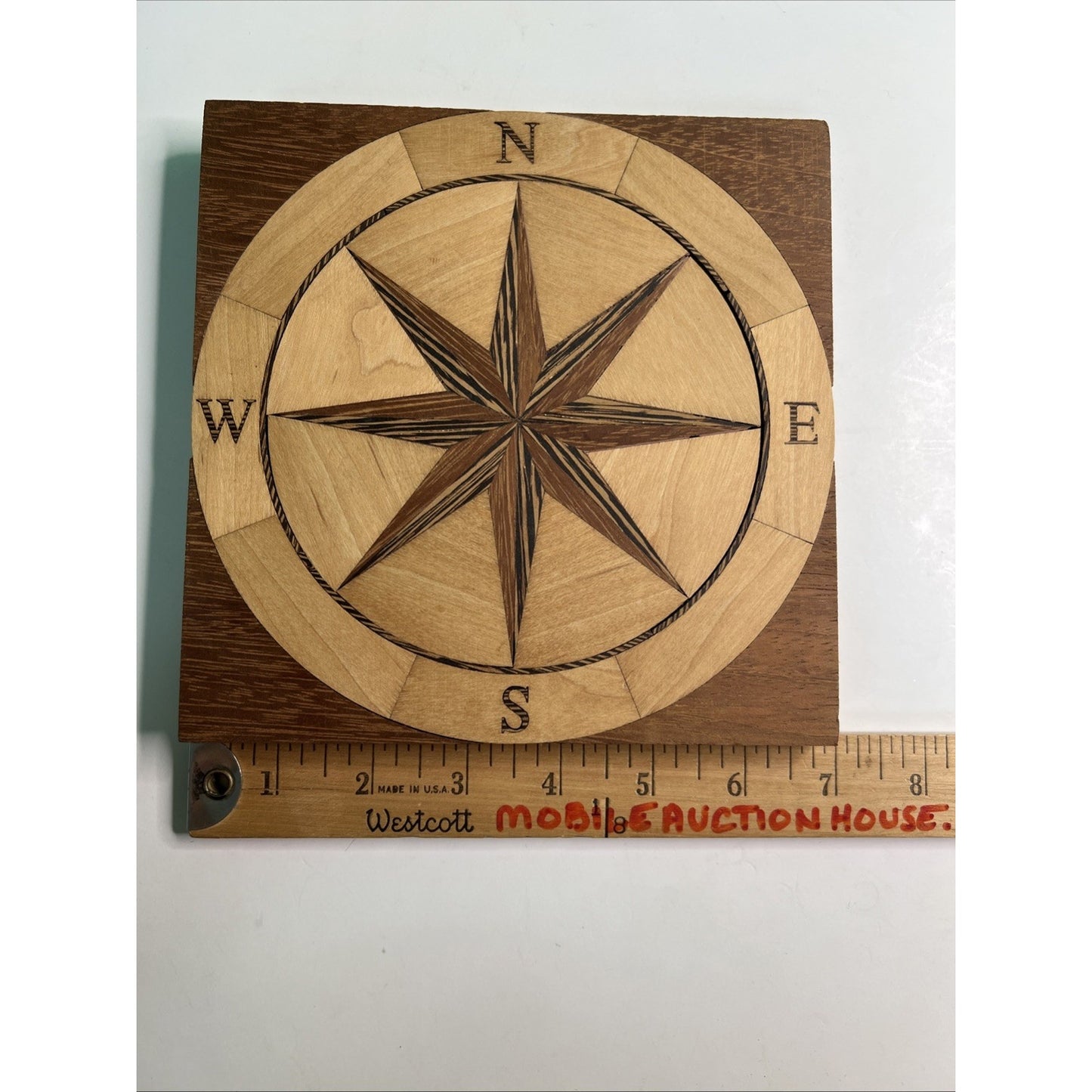 7” Square Wooden Nautical Compass Star Inlay Medallion Veneer