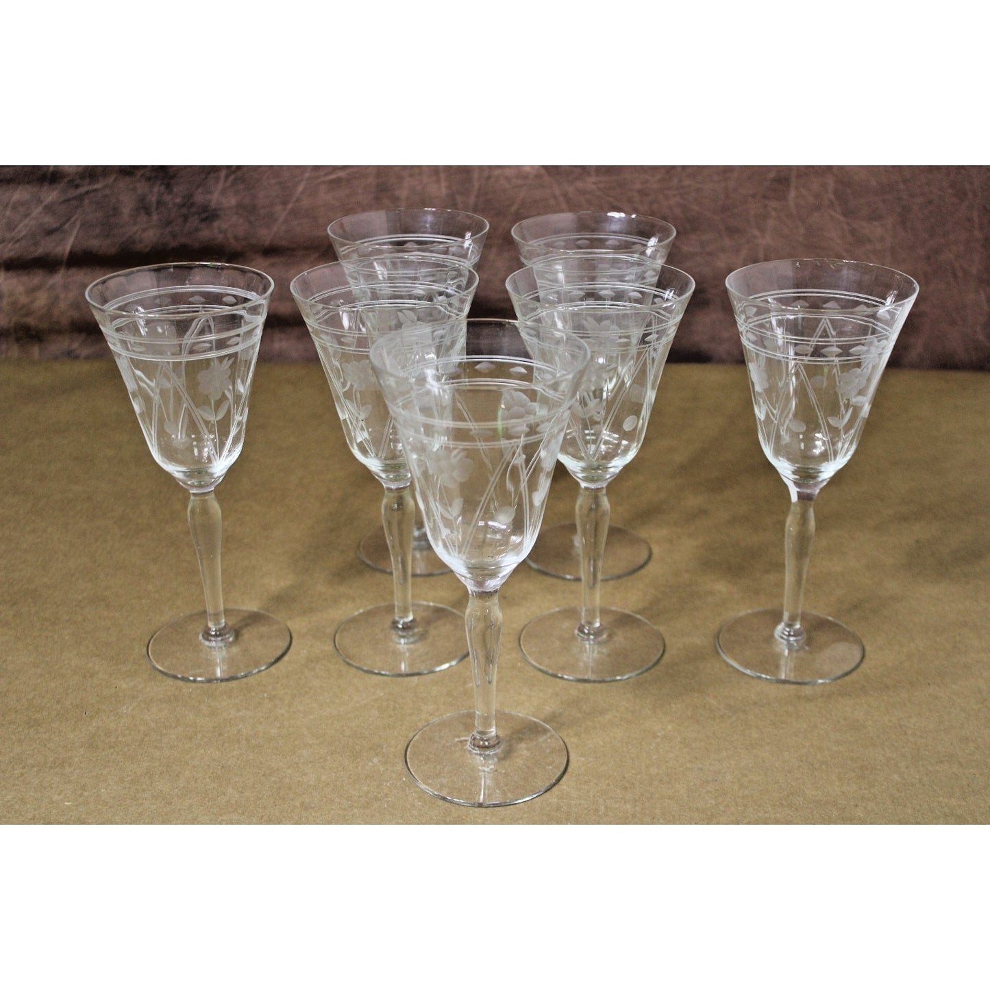 Set of 7 Tiffin Crystal Etched Daisy/ Floral Optic Wine Glasses, Vintage 1930s