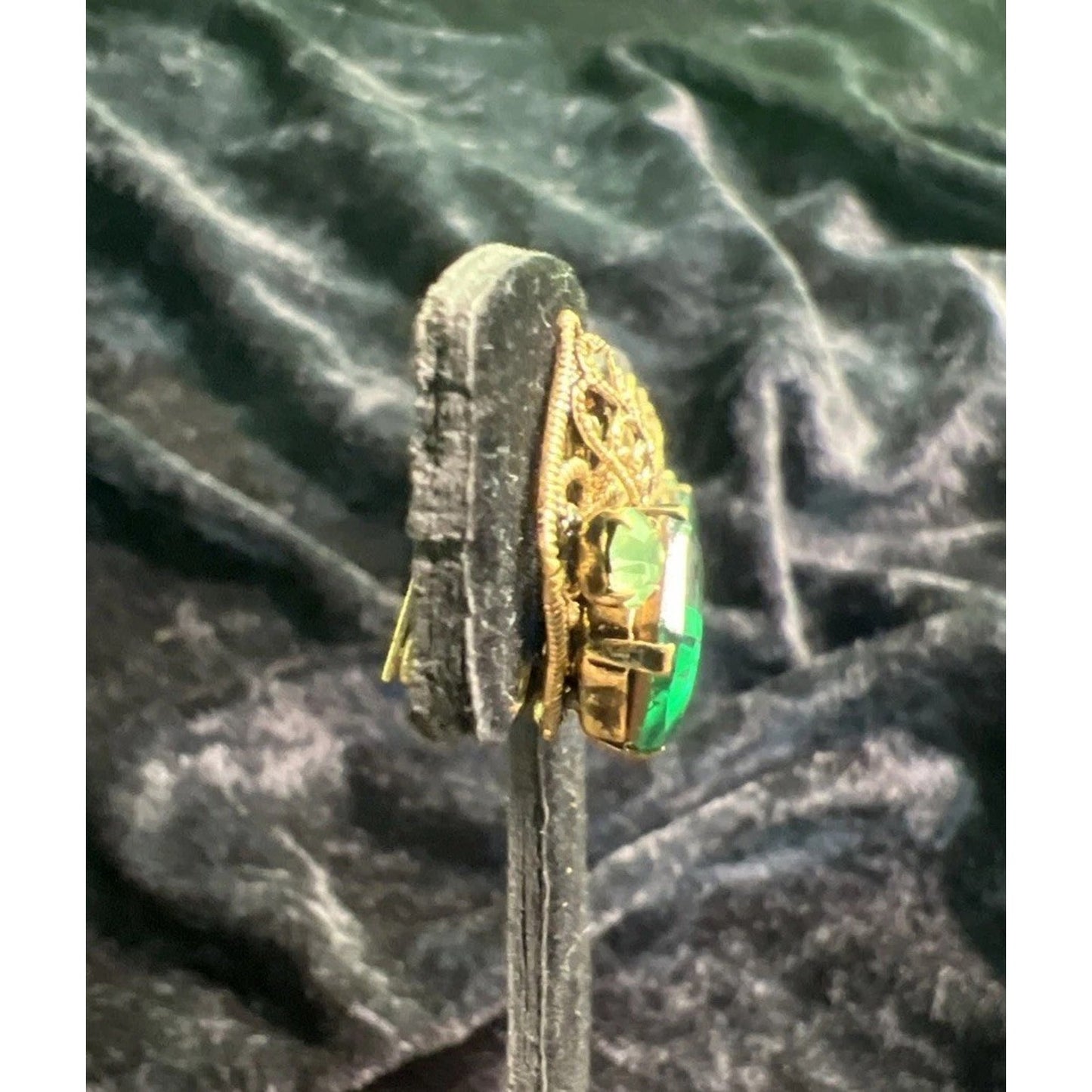 Vintage Czech Green Glass Filigree Signature Brooch & Clip On Earrings Set 1930s