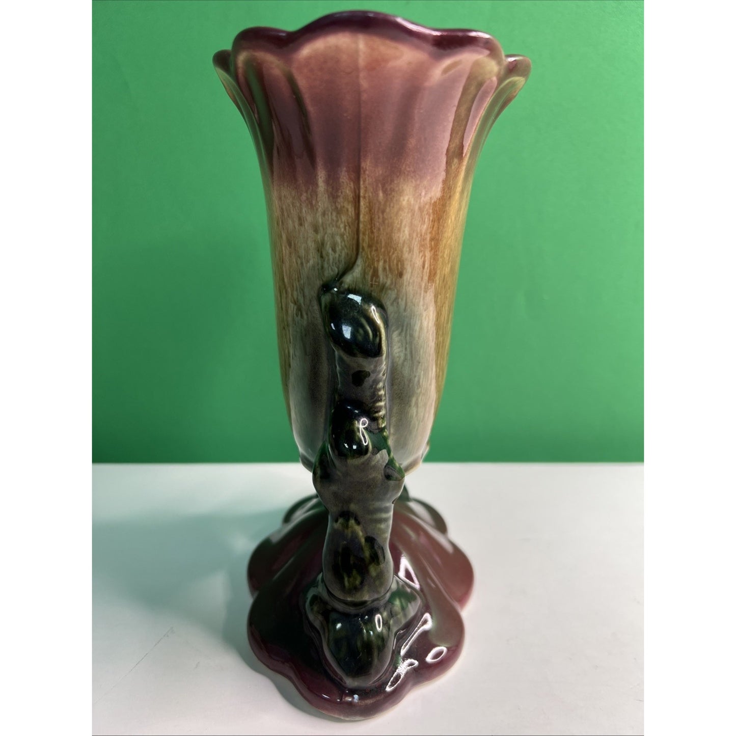 Vintage Hull USA Woodland Double Footed Suspended Vase Burgundy Brown 8"