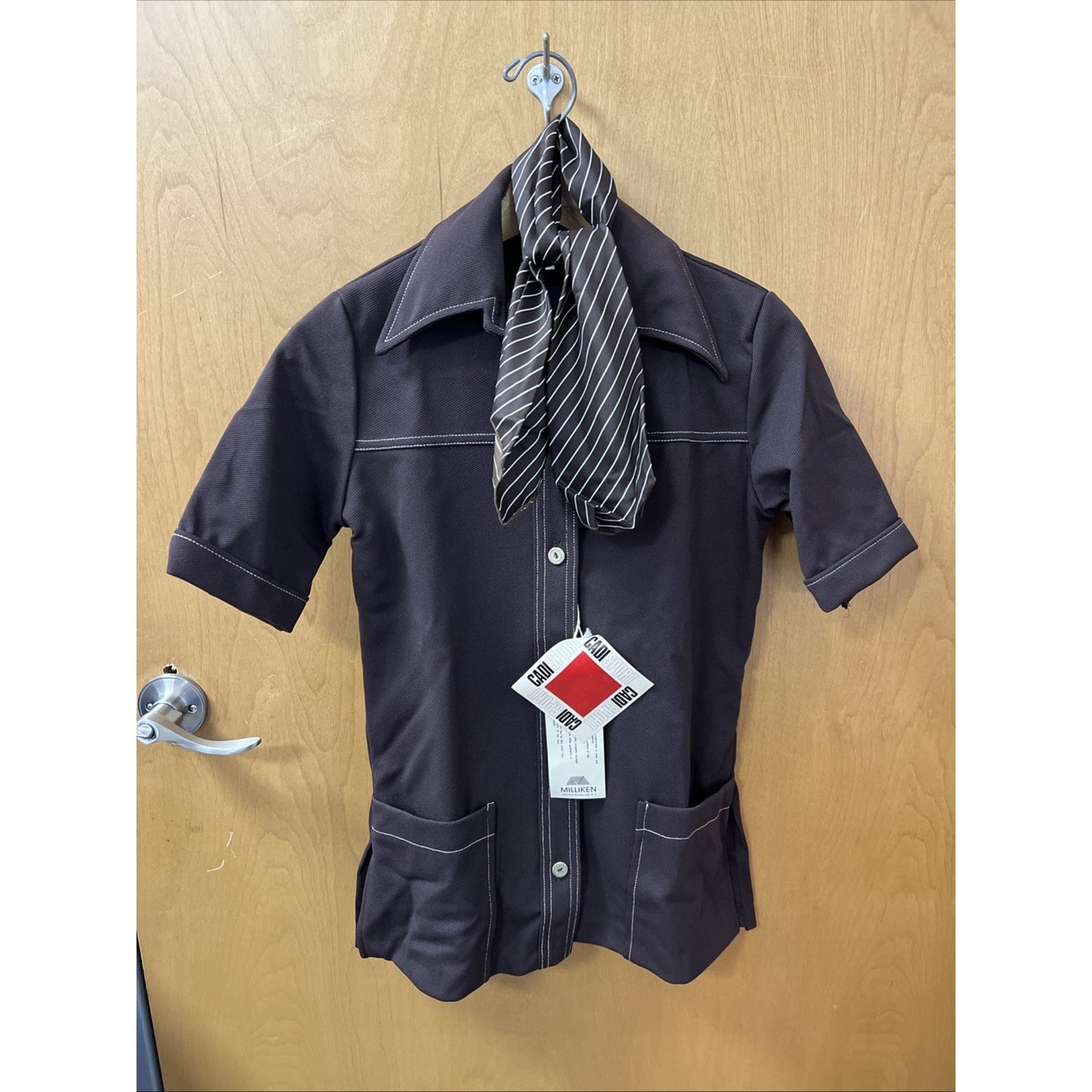 VTG CadiSport Double Pocket Button Shirt Men's 10 Brown White Stitching