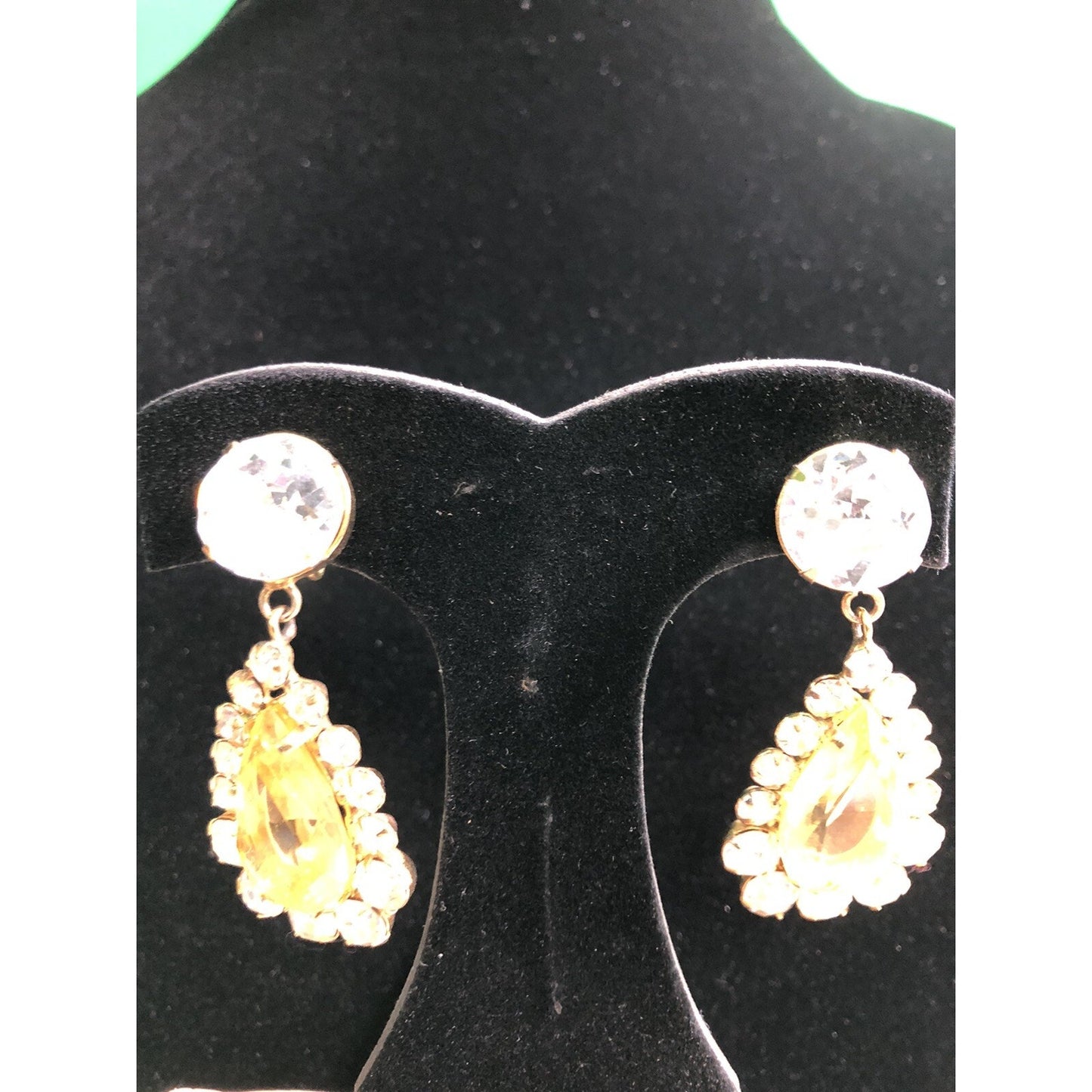Vintage Showstopper Clip On Earrings Faux Stones Yellow Teardrop & Round Shape
