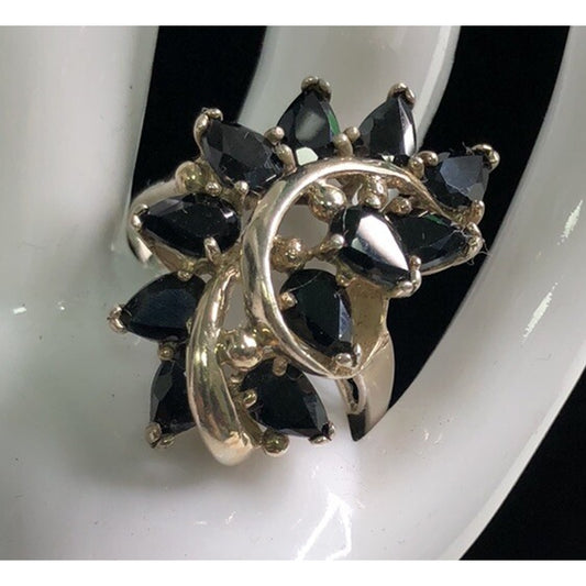 Vintage Sterling Silver Cocktail RING SIZE 10 Black Teardrop Stones Waterfall