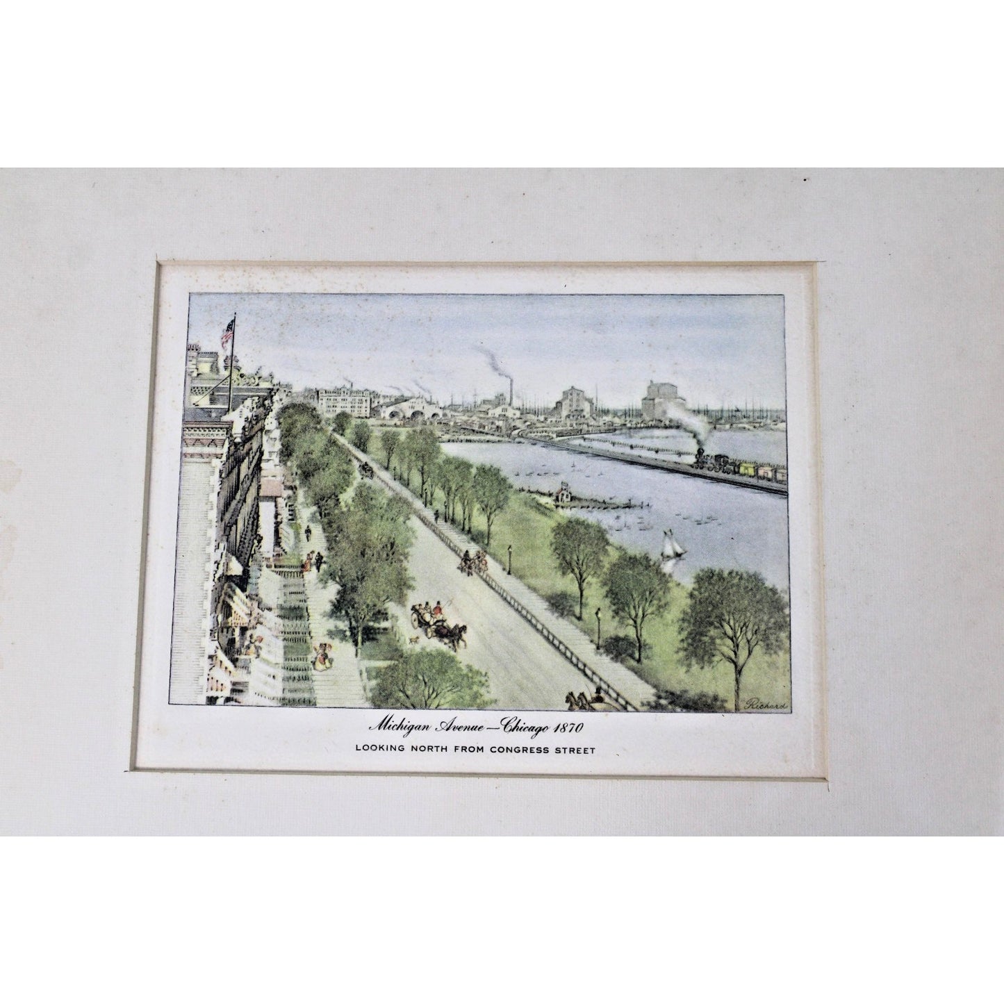 Michigan Ave- Chicago, 1870 Framed Hand-tinted Etching- Richards- Pre-Great Fire