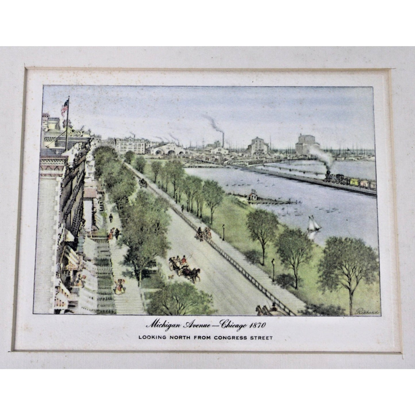 Michigan Ave- Chicago, 1870 Framed Hand-tinted Etching- Richards- Pre-Great Fire