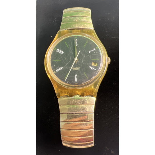 Vintage Swatch Swiss Watch AG 1997 Gold Tone Band Quartz Date Parts Not Working