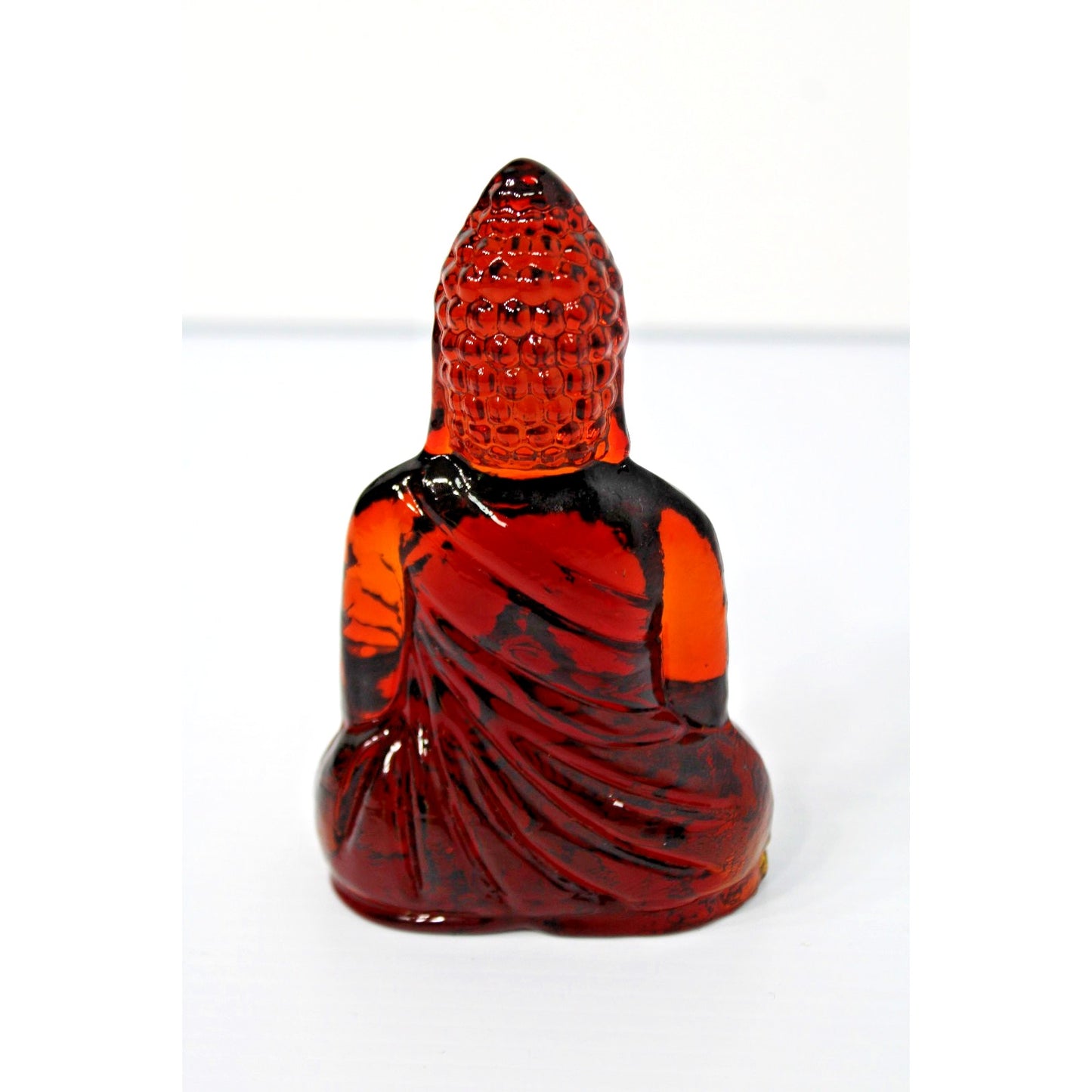 Art Glass Buddha Bodhisattva Figure, 5.5H Amber Red Amberina, Dynasty Gallery