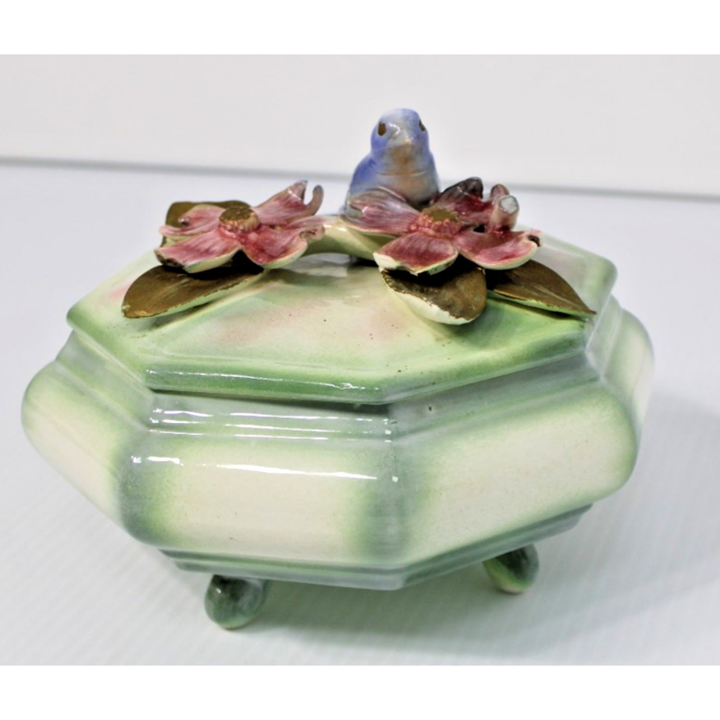 Vintage Lidded Candy Box, Ceramic Octagon with Bird and Floral Figures