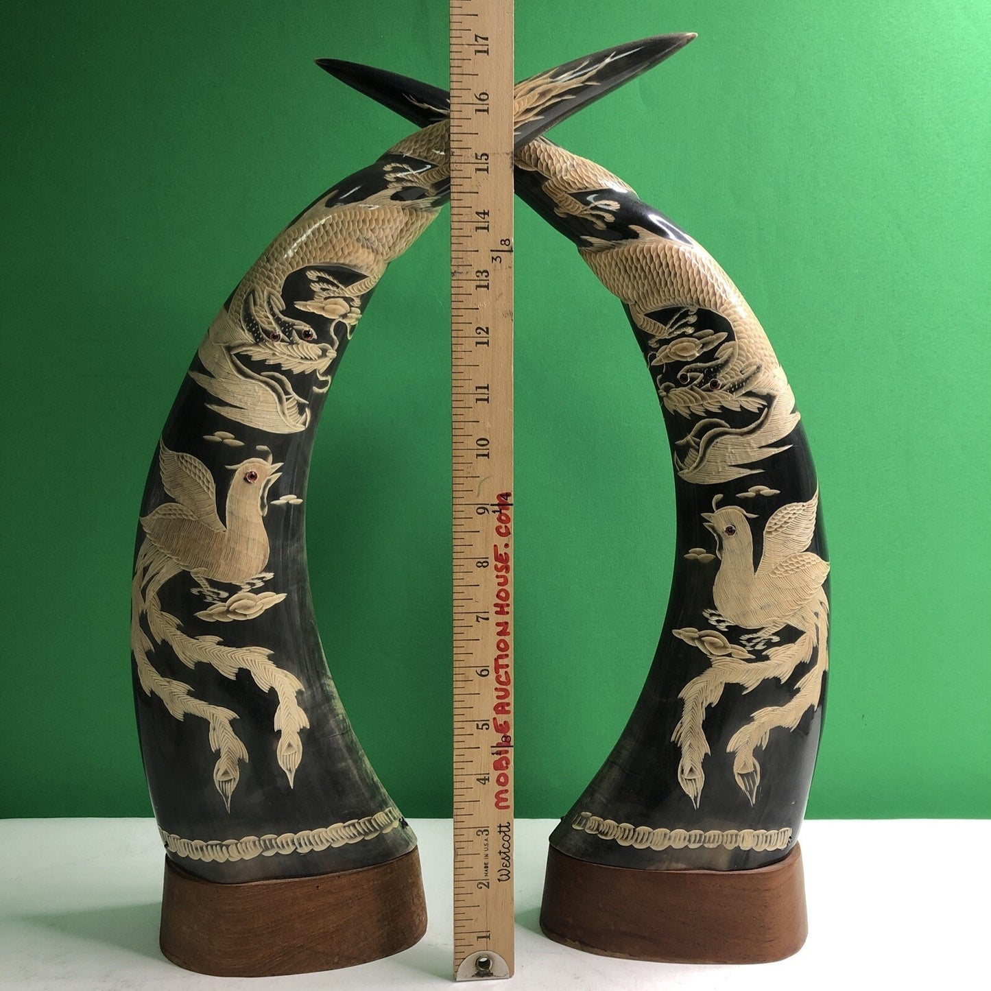 PAIR OF Large WATER BUFFALO HORNS CARVED WITH DRAGON & PHOENIX FENG SHUI