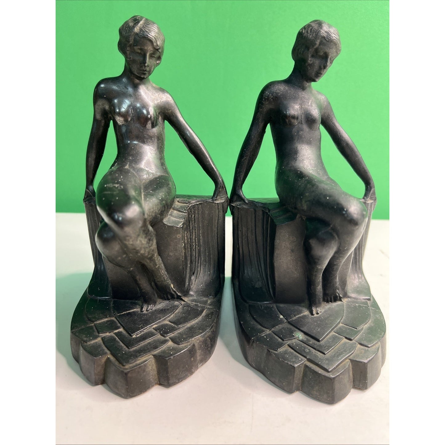 Art Deco 1930's Pair of Nude Flapper Girls Spelter Metal Bookends