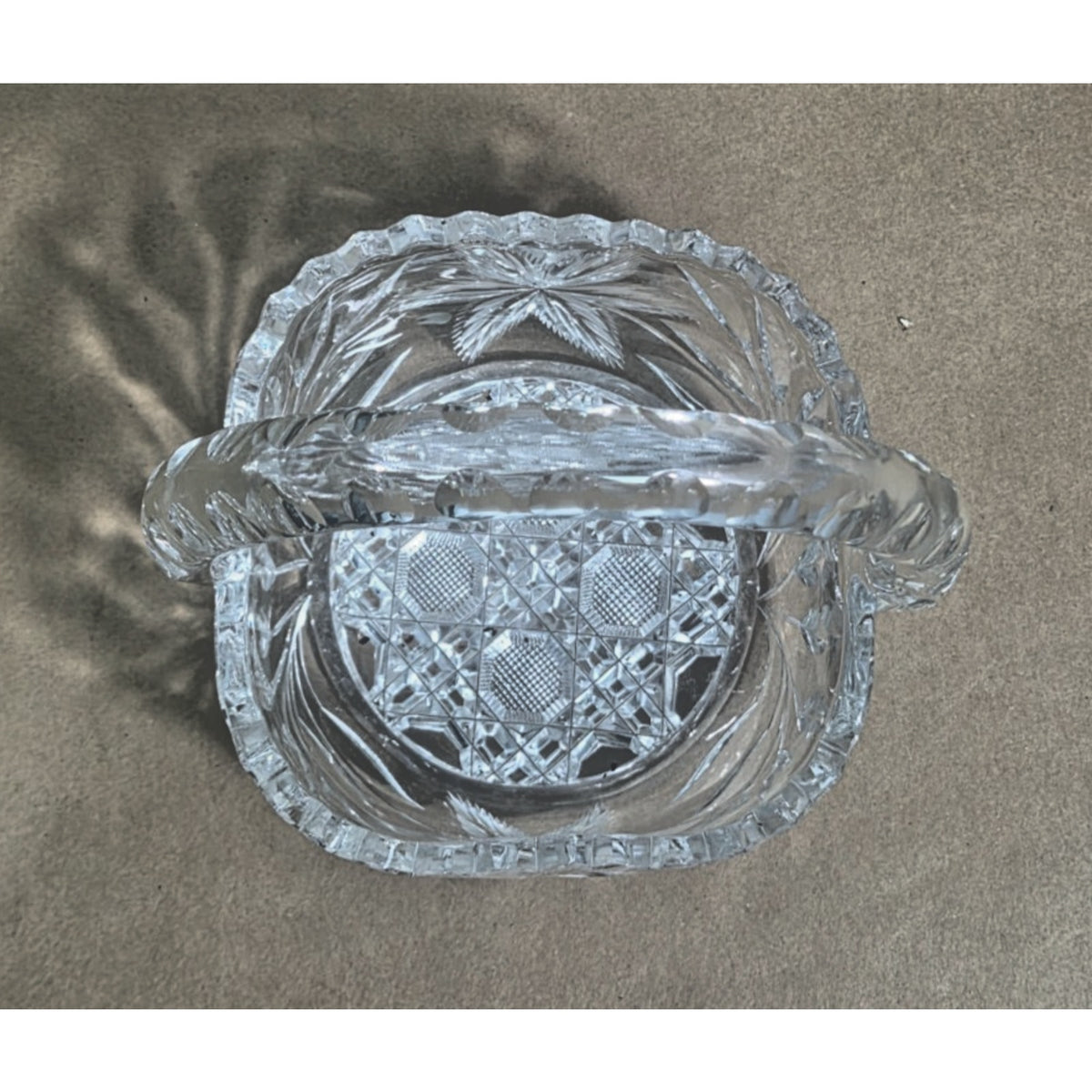 Vintage Hand-Cut Lead Crystal Basket - Bohemian Pinwheel & Leaf Star - 6 Inch