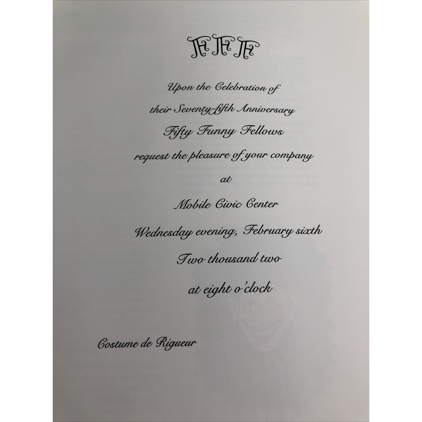 Fifty Funny Fellows FFF 2002 75th Anniversary Invitation Celebration & History
