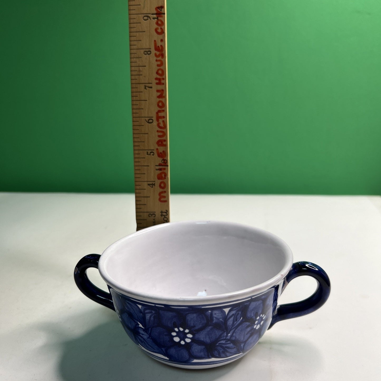 Vintage Stoneware Double Handle Blue & White Floral Hand Painted SOUP BOWL