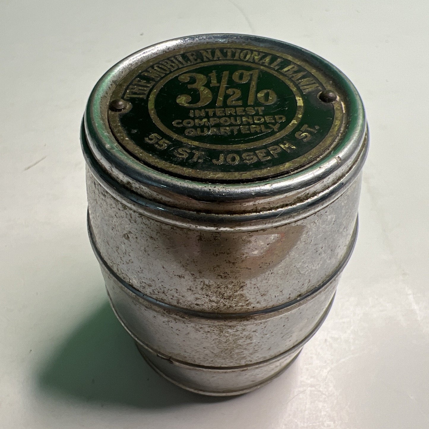 Vintage Advertising Mobile National Bank Chrome Barrel Bank No Key Alabama