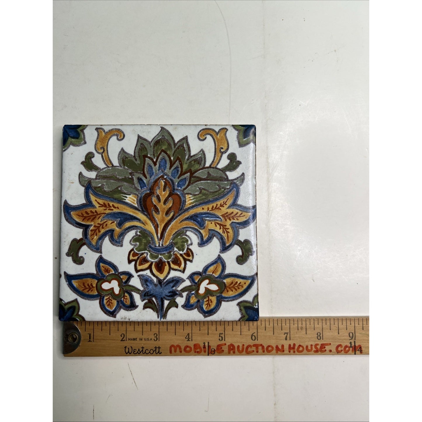 Decorative Ceramic Tile Trivet Spanish Style Hand Painted 6"x6" Minor Chip