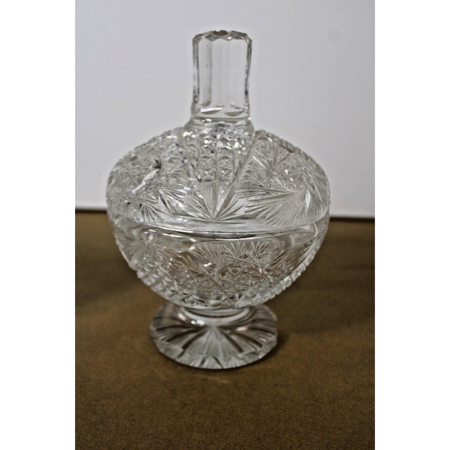 Two Heavy Vintage Bohemian Lead Crystal Dishes with Lids 9"h Brilliant Starburst