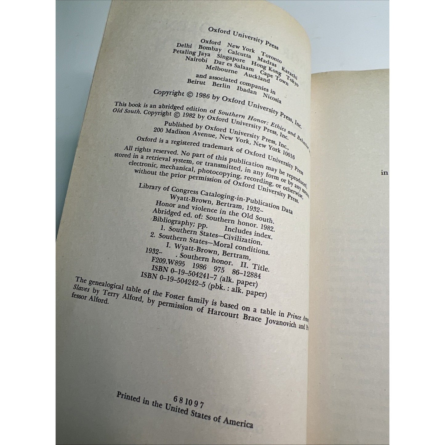 Honor & Violence in the Old South by Bertram Wyatt-Brown, Southern History, 1986