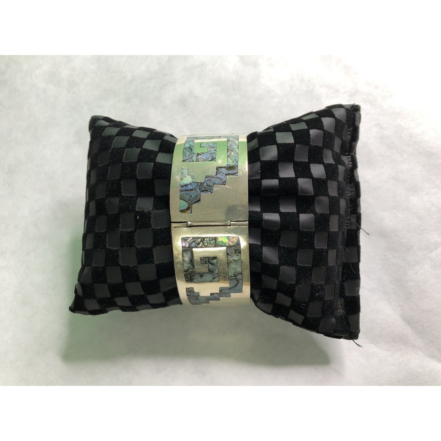 Vintage Mexico Sterling Silver Abalone Inlay Greek Key Panel Link Bracelet H.J.R