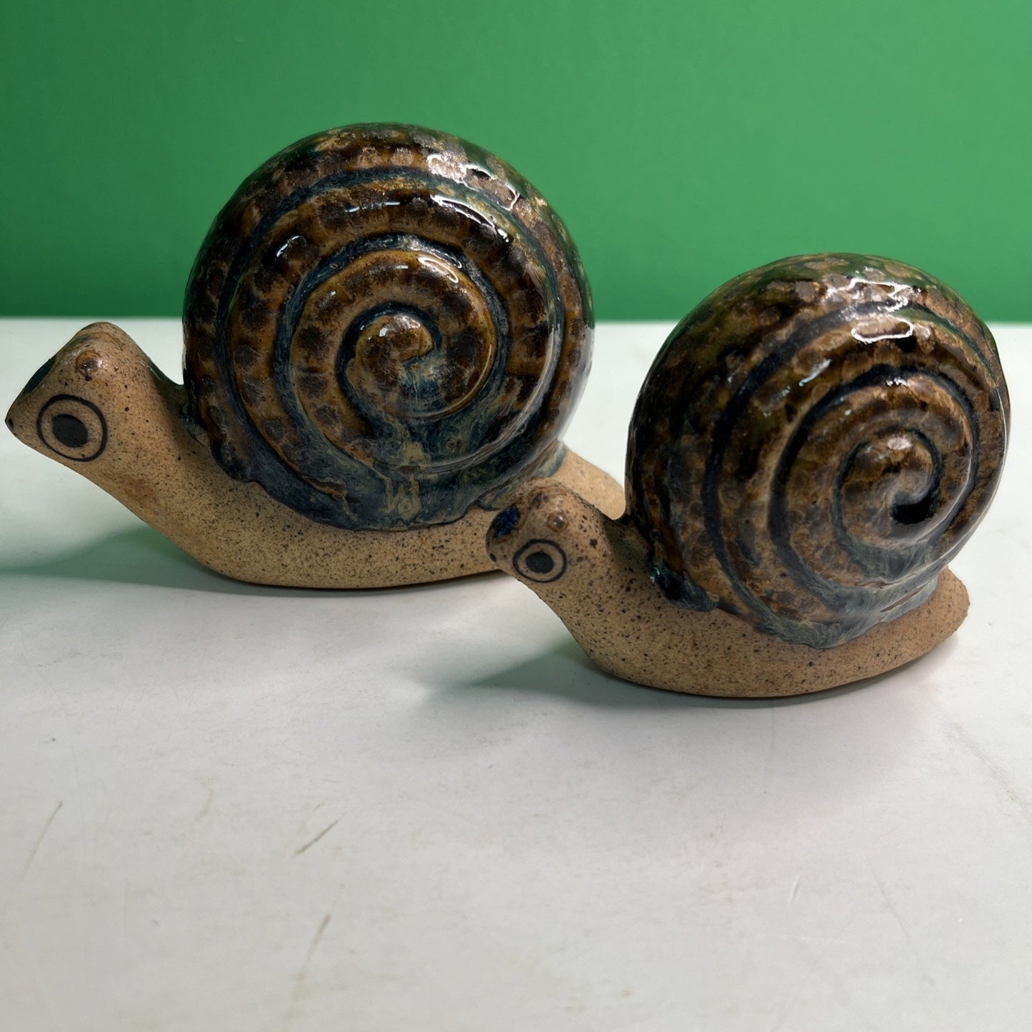 Lot 2 Pair Mexican Pottery Snails Marked Made in Mexico Snail Mottled Glazed