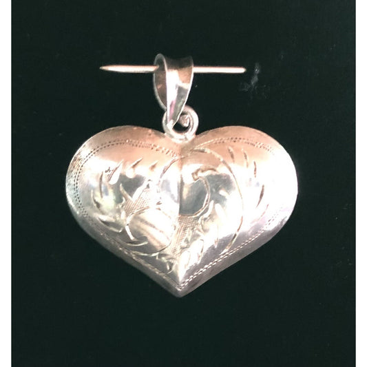Vintage Sterling Silver Etched Puffed Heart Pendant Romance Exquisite Detail